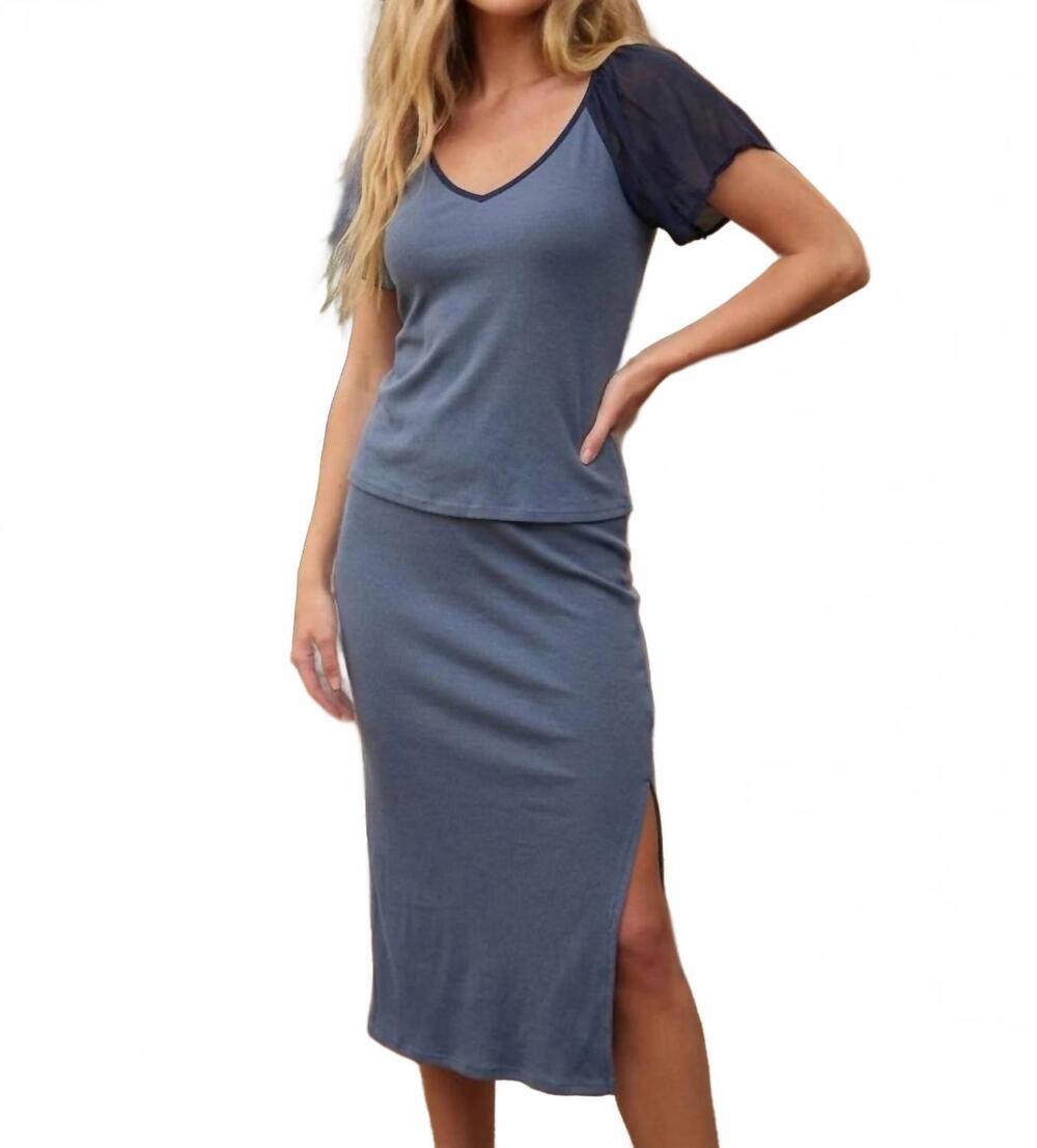 NEW MAVEN WEST flutter sleeve scoop back knit top in navy